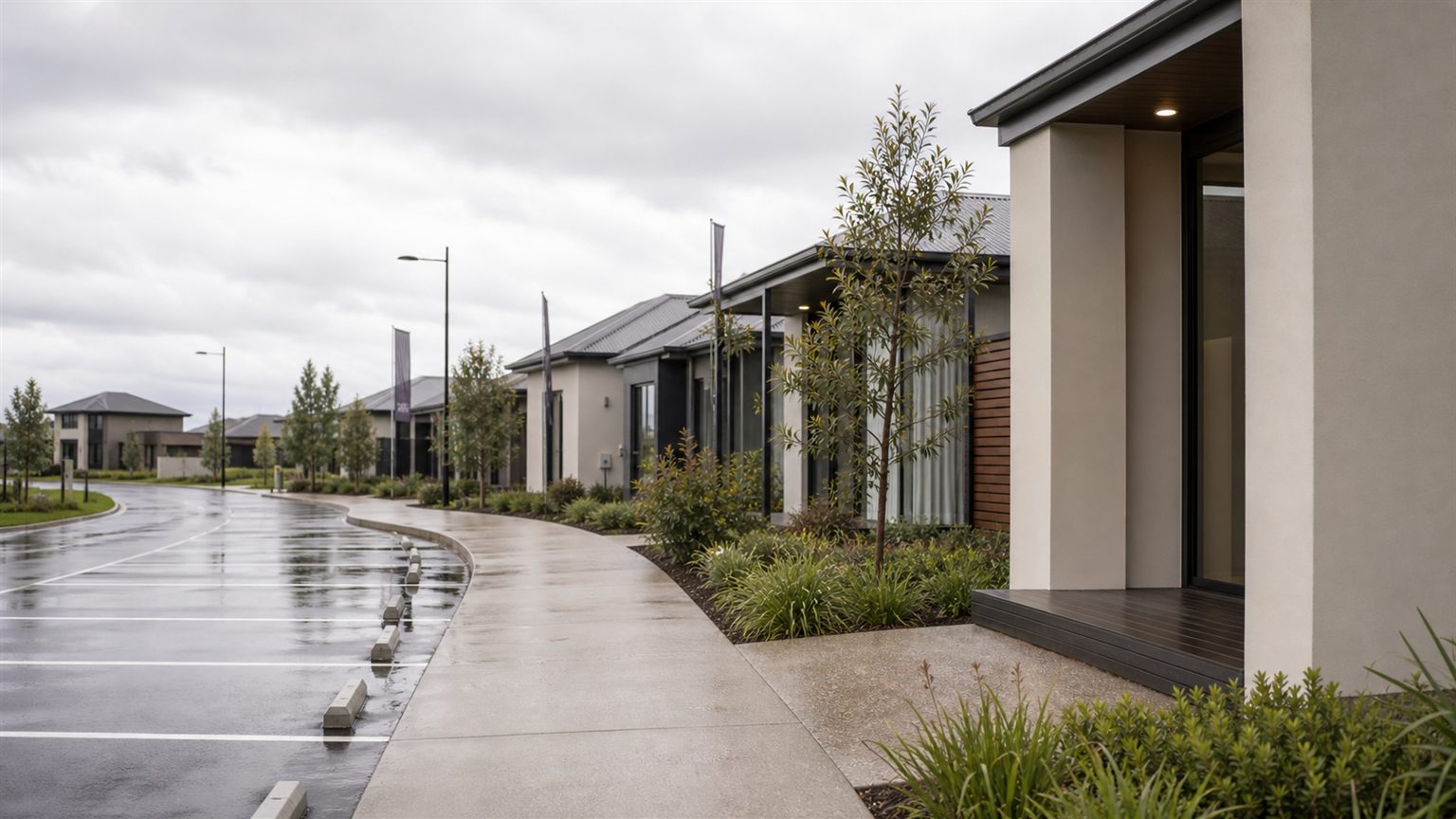 Quiet Victorian display village with empty visitor bays after rain, showing softer new home demand and the higher value of each builder enquiry