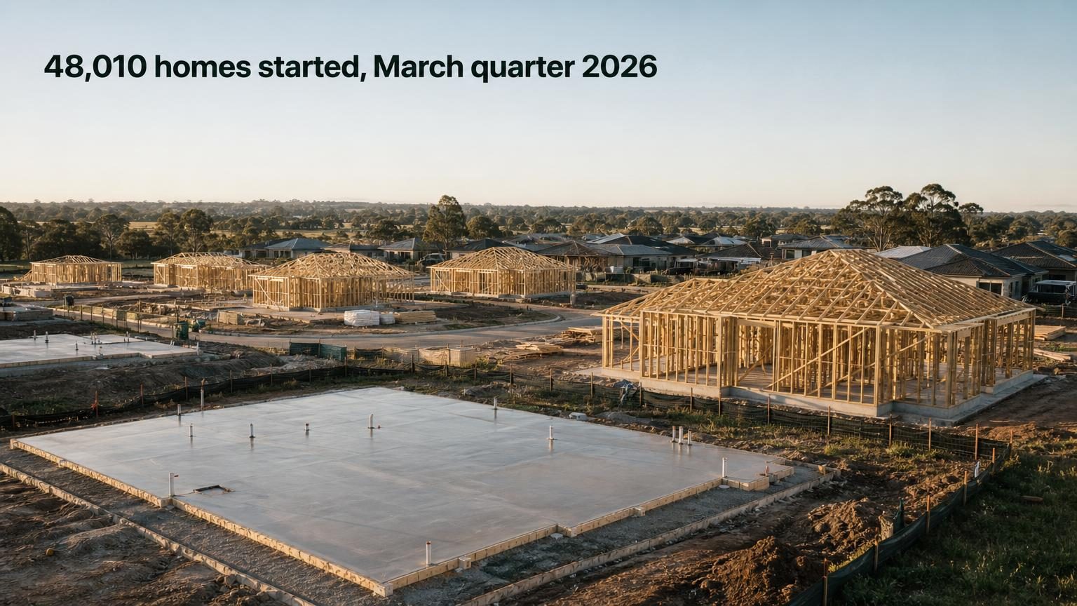 A wide elevated view across an Australian greenfield housing development in warm morning light. A large fresh concrete slab fills the foreground, with several separate timber-framed detached homes under construction across the middle distance. Suburban roofs, low vegetation and a pale open sky sit behind them. Black sans-serif text at the upper left reads: “48,010 homes started, March quarter 2026”.