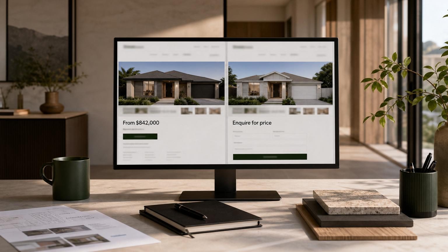 A refined builder sales workspace with a desktop display comparing a published starting price with an enquire-for-price home design listing.