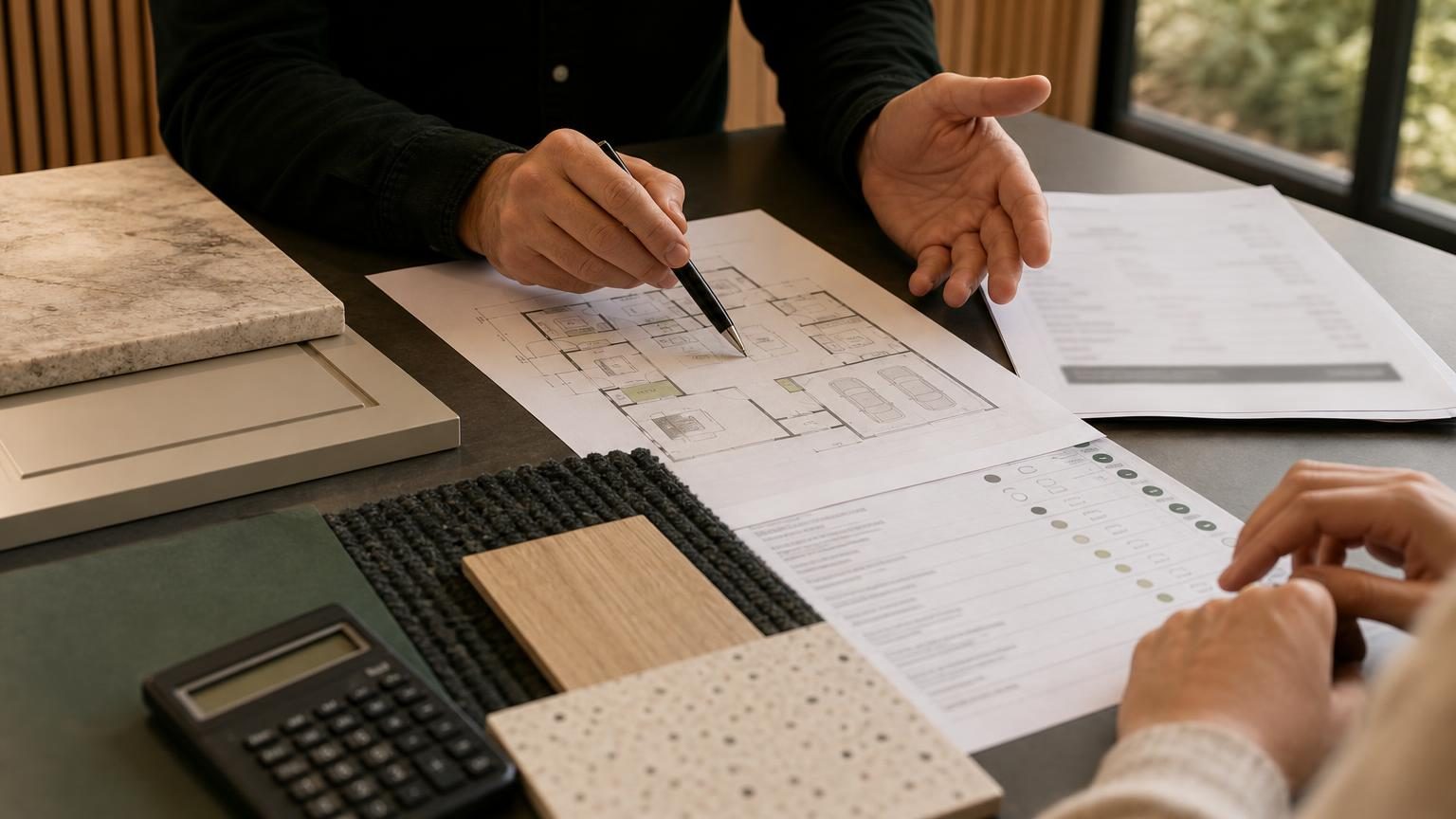 A warm editorial close-up of two people reviewing a residential floor plan and specification sheets at a selections table, surrounded by stone, timber and tile samples with a calculator in the foreground.